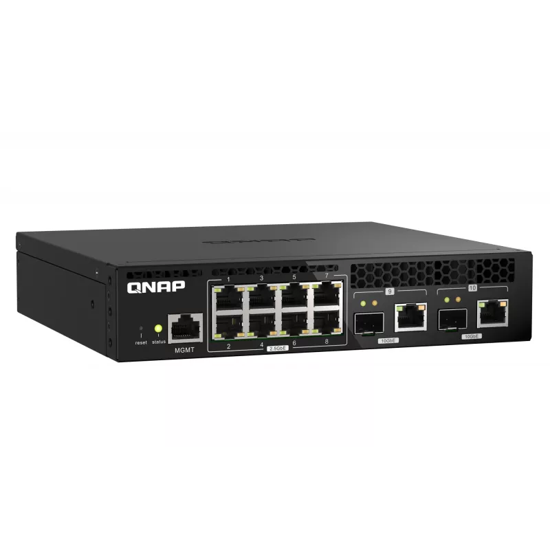 QNAP QSW-M2108R-2C valdomas L2 tinklo komutatorius, 8 x 2,5GbE + 2 x 10GbE SFP+/RJ-45 kombinuoti prievadai, pusinio pločio, tinka montuoti spintoje