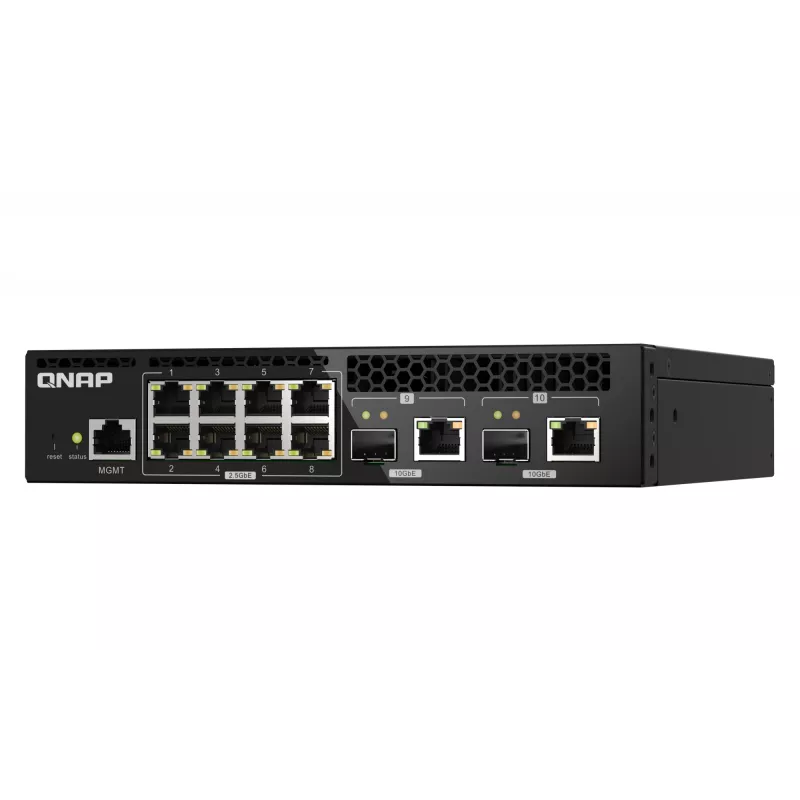 QNAP QSW-M2108R-2C valdomas L2 tinklo komutatorius, 8 x 2,5GbE + 2 x 10GbE SFP+/RJ-45 kombinuoti prievadai, pusinio pločio, tinka montuoti spintoje