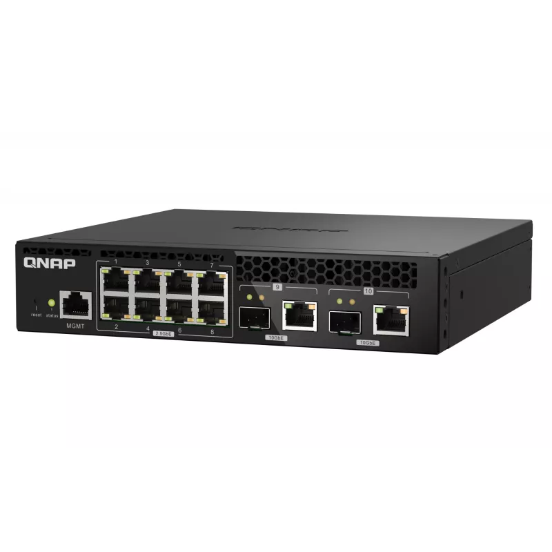 QNAP QSW-M2108R-2C valdomas L2 tinklo komutatorius, 8 x 2,5GbE + 2 x 10GbE SFP+/RJ-45 kombinuoti prievadai, pusinio pločio, tinka montuoti spintoje