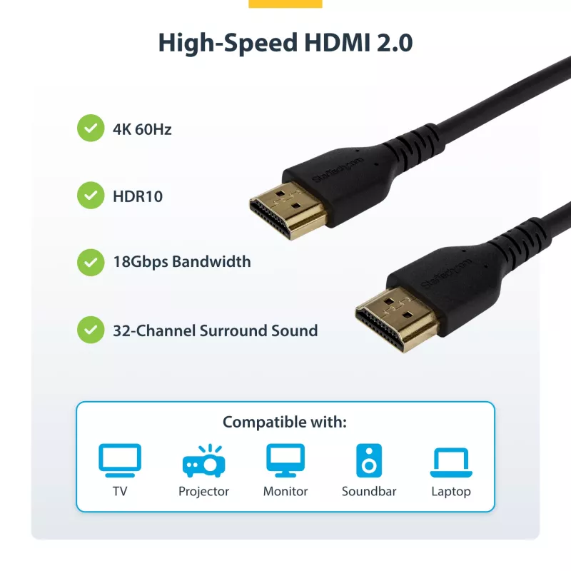 StarTech.com 1,5 m plonas HDMI 2.0 laidas su eternetu, lankstus sertifikuotas, UHD 4K 60Hz HDR10, tvirtas aramido pluoštas, TPE apvalkalas