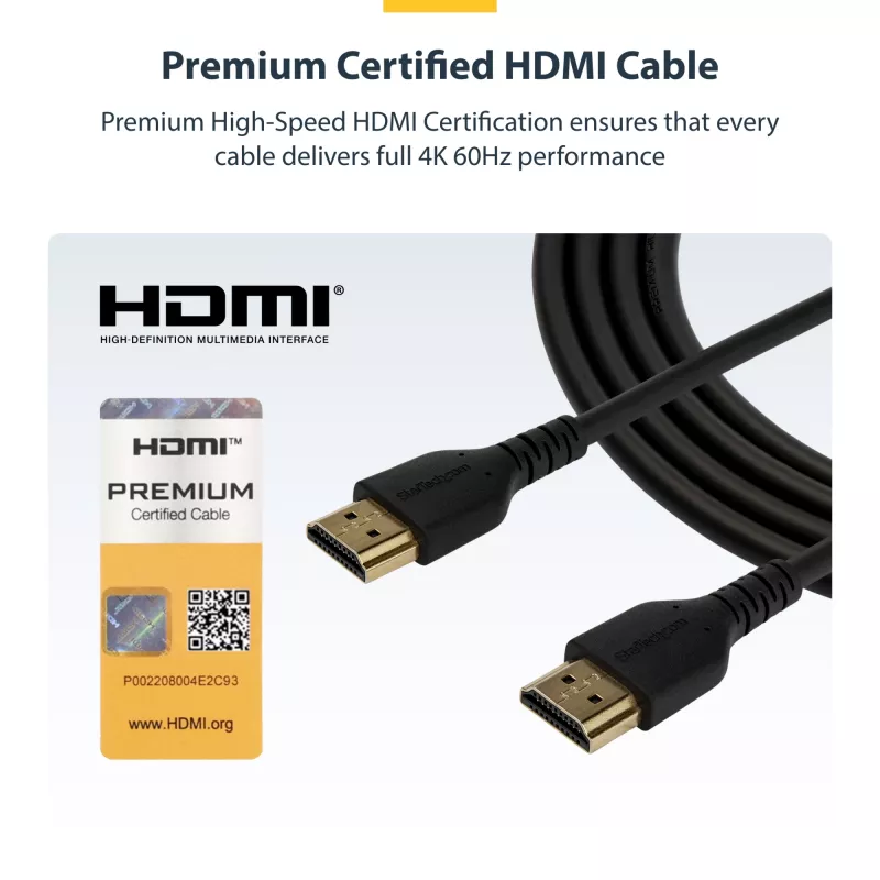 StarTech.com 1,5 m plonas HDMI 2.0 laidas su eternetu, lankstus sertifikuotas, UHD 4K 60Hz HDR10, tvirtas aramido pluoštas, TPE apvalkalas