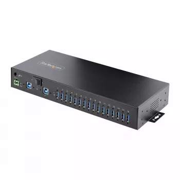 StarTech.com 16 prievadų pramoninis USB 5Gbps centras su maitinimo adapteriu, metaliniu korpusu, tvirtinimo galimybėmis, ESD apsauga, gnybtų bloko maitinimu, USB įkrovimu, dviejų pagrindinių kompiuterių perjungimu - TAA