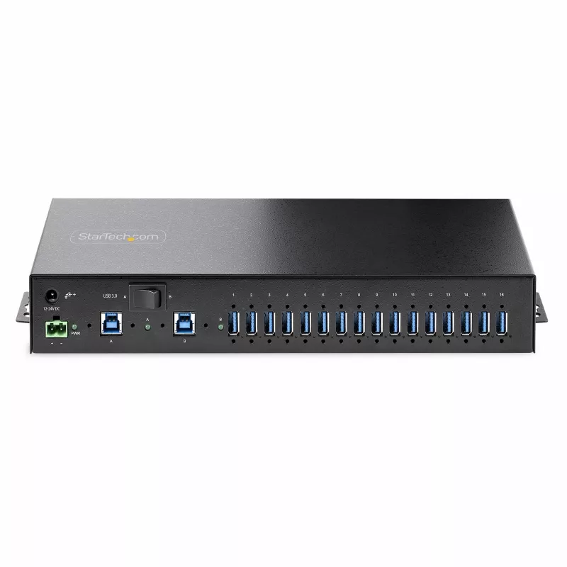 StarTech.com 16 prievadų pramoninis USB 5Gbps centras su maitinimo adapteriu, metaliniu korpusu, tvirtinimo galimybėmis, ESD apsauga, gnybtų bloko maitinimu, USB įkrovimu, dviejų pagrindinių kompiuterių perjungimu - TAA