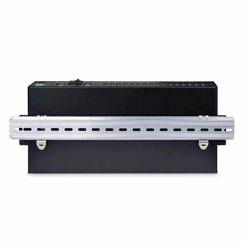 StarTech.com 16 prievadų pramoninis USB 5Gbps centras su maitinimo adapteriu, metaliniu korpusu, tvirtinimo galimybėmis, ESD apsauga, gnybtų bloko maitinimu, USB įkrovimu, dviejų pagrindinių kompiuterių perjungimu - TAA