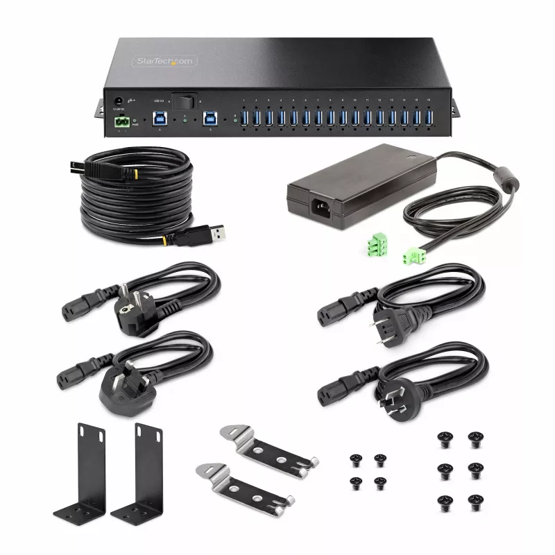 StarTech.com 16 prievadų pramoninis USB 5Gbps centras su maitinimo adapteriu, metaliniu korpusu, tvirtinimo galimybėmis, ESD apsauga, gnybtų bloko maitinimu, USB įkrovimu, dviejų pagrindinių kompiuterių perjungimu - TAA