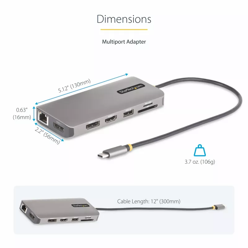 StarTech.com USB-C kelių monitorių adapteris, du 4K 60Hz + 4K 30Hz HDMI ir DisplayPort, 4 prievadų USB šakotuvas, 100W PD, GbE, SD/MicroSD skaitytuvai