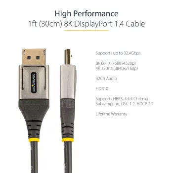 StarTech.com 1 pėdos (30 cm) DisplayPort 1.4 laidas - 8K 60Hz HDR10 - Ultra HD 4K 120Hz vaizdas - DP 1.4 laidas / kabelis - Monitoriams / ekranams - DisplayPort į DisplayPort - Vyriškas / Vyriškas