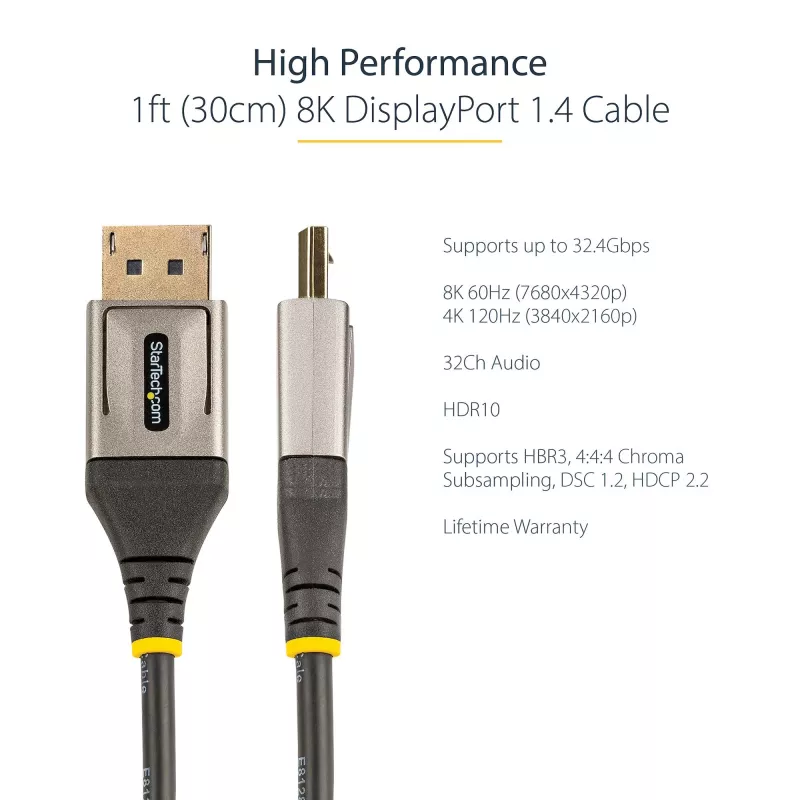 StarTech.com 1 pėdos (30 cm) DisplayPort 1.4 laidas - 8K 60Hz HDR10 - Ultra HD 4K 120Hz vaizdas - DP 1.4 laidas / kabelis - Monitoriams / ekranams - DisplayPort į DisplayPort - Vyriškas / Vyriškas
