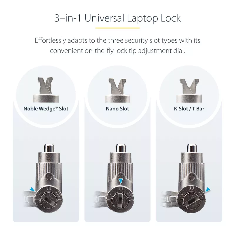 StarTech.com 3-in-1 Universalus Nešiojamojo Kompiuterio Užraktas 2 m, Su Pagrindiniu Raktu, Apsauginis Kabelis, Suderinamas su Noble Wedge®/Nano/K-Slot; Apsauga Nuo Vagystės