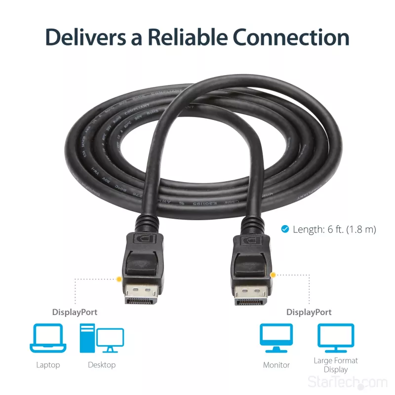 StarTech.com 6ft (2m) DisplayPort 1.2 laidas - 4K x 2K Ultra HD VESA sertifikuotas DP laidas monitoriui su fiksavimo jungtimis