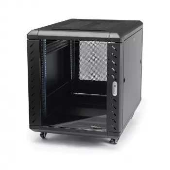 StarTech.com 4-Post 12U Server Rack Cabinet, užrakinama 19 colių duomenų spinta kompiuteriams, AV/IT įrangai, biuro/namų tinklo stovas su ratukais ir reguliuojamais montavimo bėgeliais