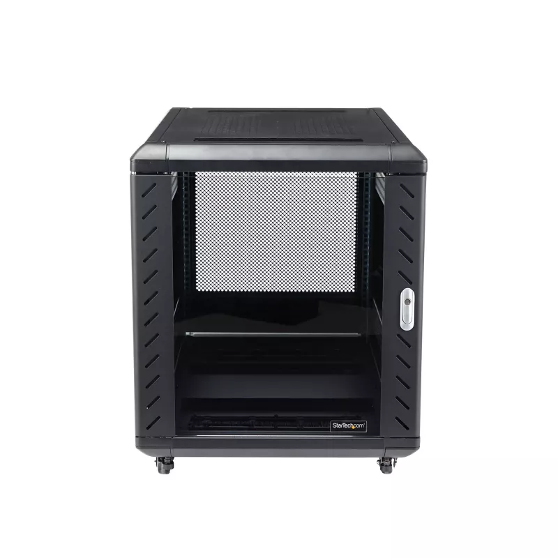StarTech.com 4-Post 12U Server Rack Cabinet, užrakinama 19 colių duomenų spinta kompiuteriams, AV/IT įrangai, biuro/namų tinklo stovas su ratukais ir reguliuojamais montavimo bėgeliais