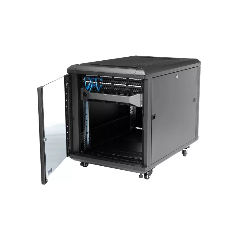 StarTech.com 4-Post 12U Server Rack Cabinet, užrakinama 19 colių duomenų spinta kompiuteriams, AV/IT įrangai, biuro/namų tinklo stovas su ratukais ir reguliuojamais montavimo bėgeliais