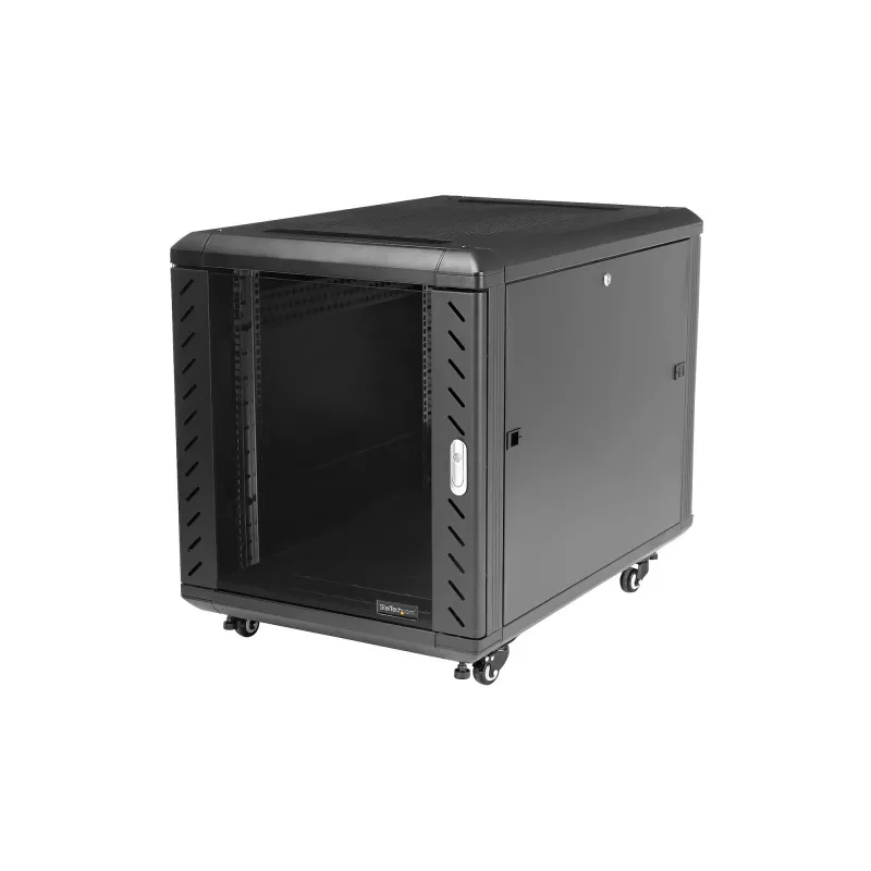 StarTech.com 4-Post 12U Server Rack Cabinet, užrakinama 19 colių duomenų spinta kompiuteriams, AV/IT įrangai, biuro/namų tinklo stovas su ratukais ir reguliuojamais montavimo bėgeliais