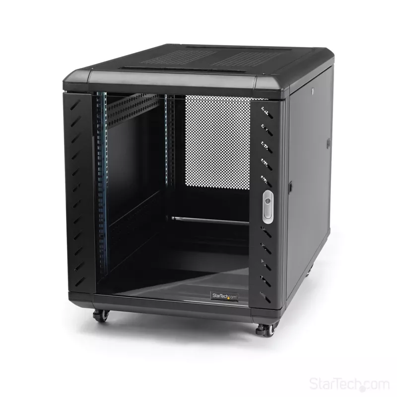 StarTech.com 4-Post 12U Server Rack Cabinet, užrakinama 19 colių duomenų spinta kompiuteriams, AV/IT įrangai, biuro/namų tinklo stovas su ratukais ir reguliuojamais montavimo bėgeliais