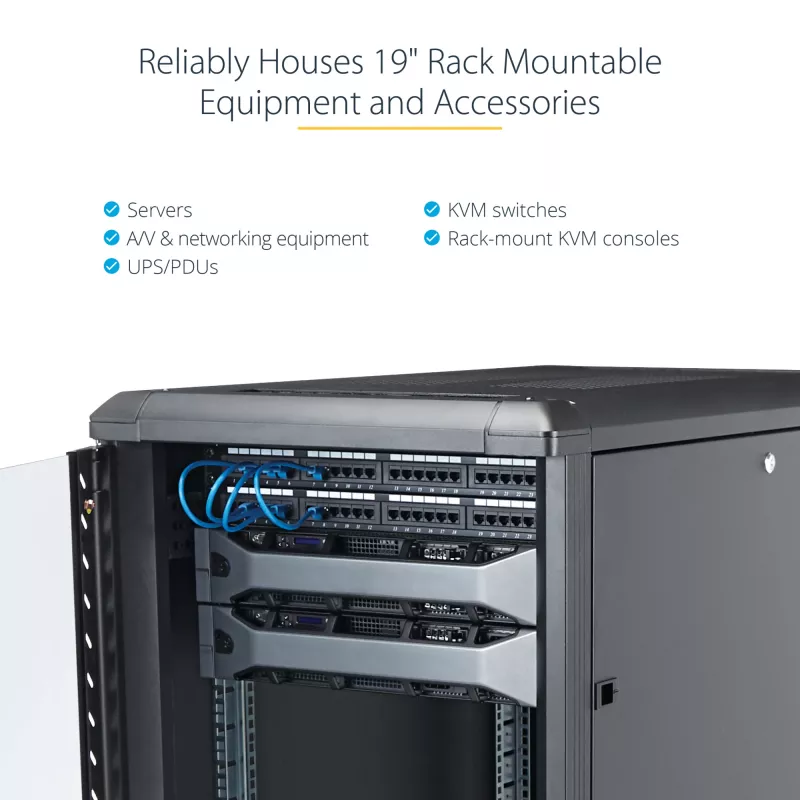 StarTech.com 4-Post 12U Server Rack Cabinet, užrakinama 19 colių duomenų spinta kompiuteriams, AV/IT įrangai, biuro/namų tinklo stovas su ratukais ir reguliuojamais montavimo bėgeliais