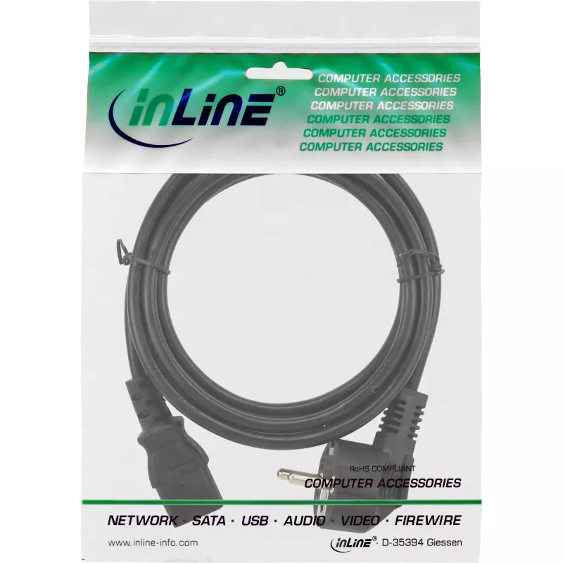InLine maitinimo laidas, CEE 7/7 kampuotas / 3 kontaktų IEC C13 kištukas, 2,5 m