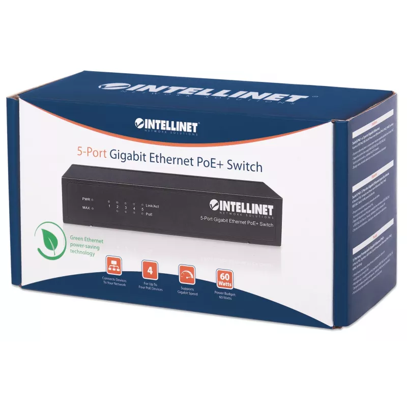 Intellinet 5 prievadų Gigabit Ethernet PoE+ jungiklis, 4 x PSE prievadai, IEEE 802.3at/af, 60 W, stalinis