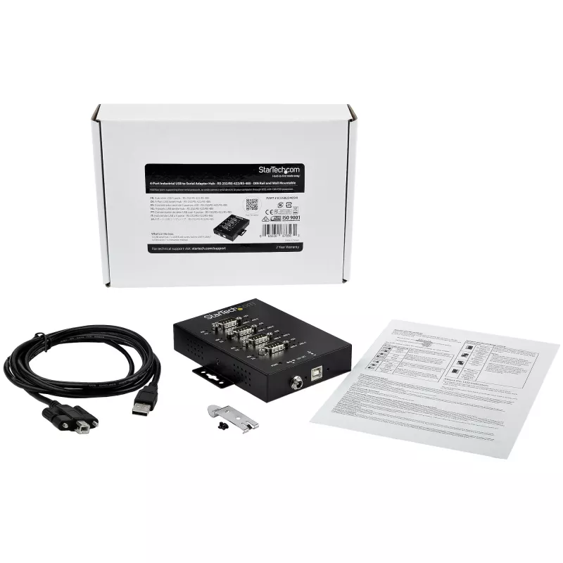 StarTech.com 4 prievadų nuoseklusis USB į RS232/RS485/RS422 adapteris – pramoninis USB 2.0 į DB9 keitiklis, IP30, montuojamas ant DIN bėgio, metalinis, 15kV ESD apsauga