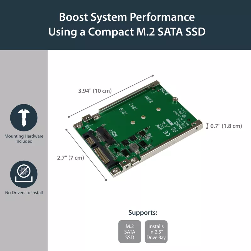 StarTech.com M.2 SATA SSD į 2,5 colio SATA adapteris - M.2 NGFF į SATA keitiklis - 7 mm - atviro rėmo laikiklis - M2 kietojo disko adapteris