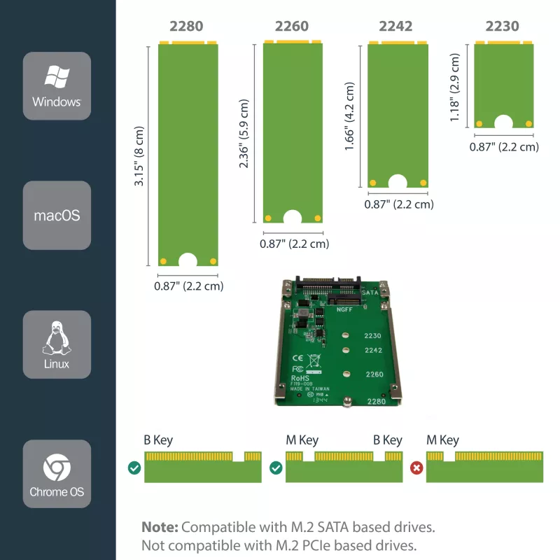 StarTech.com M.2 SATA SSD į 2,5 colio SATA adapteris - M.2 NGFF į SATA keitiklis - 7 mm - atviro rėmo laikiklis - M2 kietojo disko adapteris