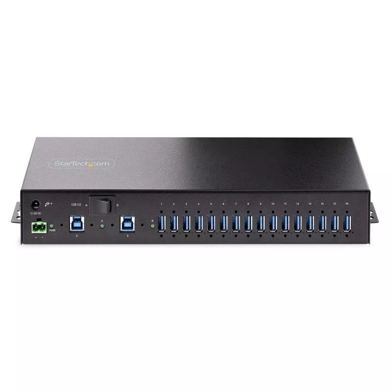 StarTech.com 16 prievadų pramoninis USB 3.0 šakotuvas 5Gbps, metalinis, DIN/bėgelis/stovo montavimas, ESD apsauga, gnybtų bloko maitinimas, iki 120W bendras USB įkrovimas, dviejų pagrindinių kompiuterių perjungimas