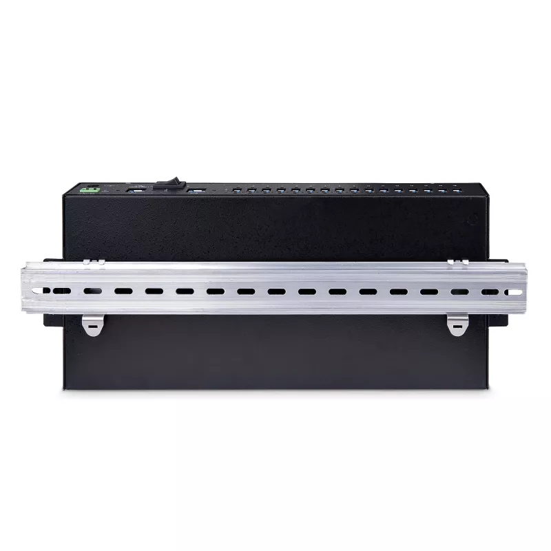 StarTech.com 16 prievadų pramoninis USB 3.0 šakotuvas 5Gbps, metalinis, DIN/bėgelis/stovo montavimas, ESD apsauga, gnybtų bloko maitinimas, iki 120W bendras USB įkrovimas, dviejų pagrindinių kompiuterių perjungimas