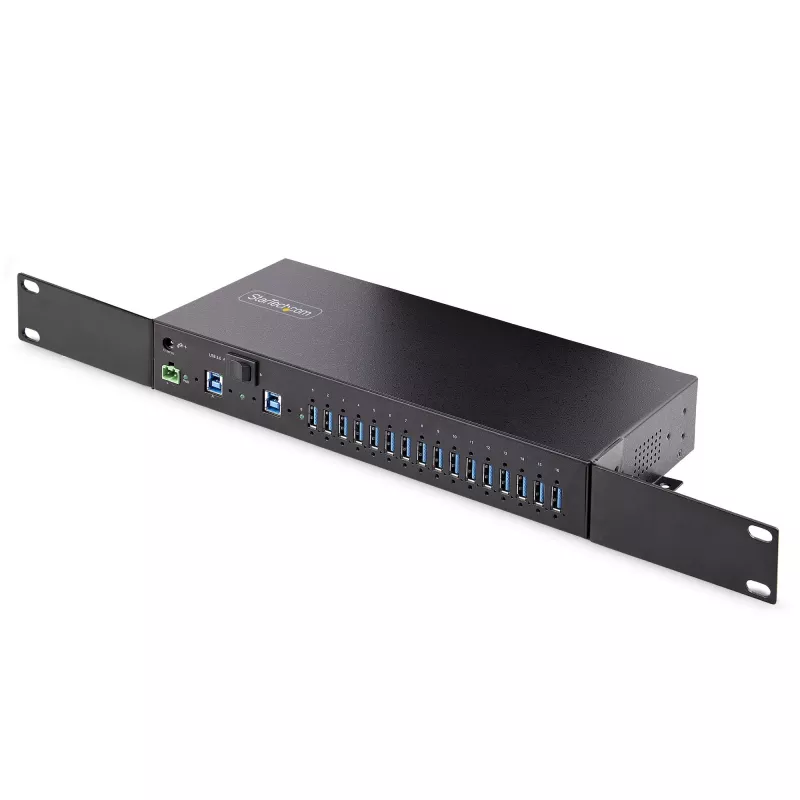 StarTech.com 16 prievadų pramoninis USB 3.0 šakotuvas 5Gbps, metalinis, DIN/bėgelis/stovo montavimas, ESD apsauga, gnybtų bloko maitinimas, iki 120W bendras USB įkrovimas, dviejų pagrindinių kompiuterių perjungimas