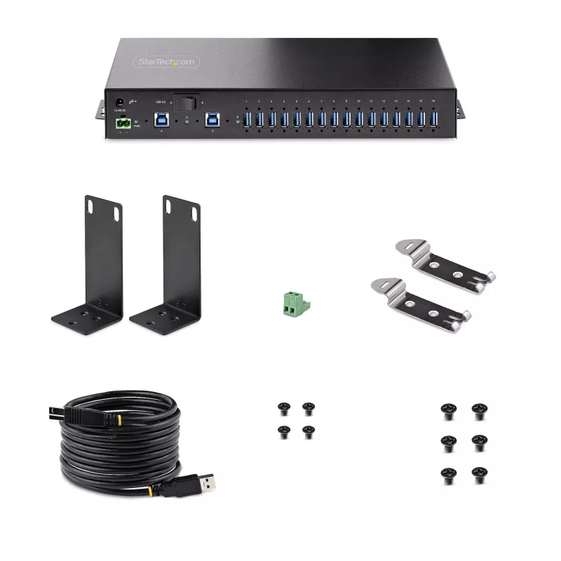 StarTech.com 16 prievadų pramoninis USB 3.0 šakotuvas 5Gbps, metalinis, DIN/bėgelis/stovo montavimas, ESD apsauga, gnybtų bloko maitinimas, iki 120W bendras USB įkrovimas, dviejų pagrindinių kompiuterių perjungimas