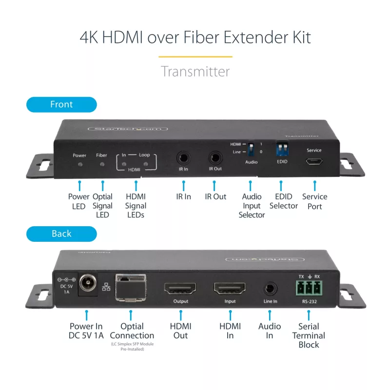 „StarTech.com“ HDMI per šviesolaidį plėtiklio rinkinys, 4K 60Hz iki 3300 pėdų/1 km (vienmodis) arba 1000 pėdų/300 m (daugiamodis) LC šviesolaidis, HDR, HDCP, 3,5 mm garso/RS232/IR plėtiklis, siųstuvas ir imtuvas