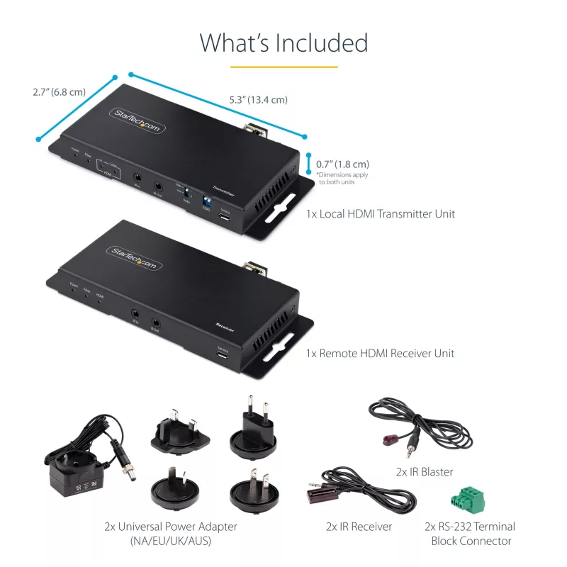 „StarTech.com“ HDMI per šviesolaidį plėtiklio rinkinys, 4K 60Hz iki 3300 pėdų/1 km (vienmodis) arba 1000 pėdų/300 m (daugiamodis) LC šviesolaidis, HDR, HDCP, 3,5 mm garso/RS232/IR plėtiklis, siųstuvas ir imtuvas