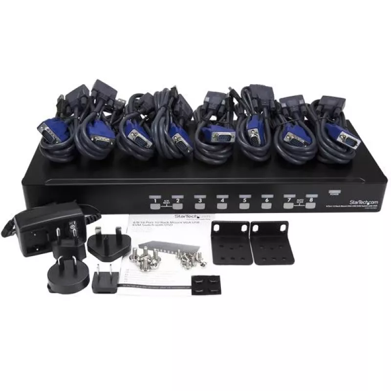 StarTech.com 8 prievadų 1U stelažinis USB KVM jungiklio rinkinys su OSD ir kabeliais