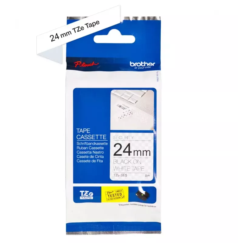 Juostelė etiketėms Brother TZE-SE5 – 24 mm x 8 m, juoda ant baltos