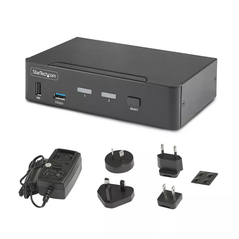 StarTech.com 2 prievadų DisplayPort KVM jungiklis, 8K 60Hz / 4K 144Hz, vienas ekranas, DP 1.4, 2x USB 3.0 prievadai, 4x USB 2.0 HID prievadai, mygtukas ir klavišų kombinacijos, TAA atitiktis, nepriklausomas nuo OS, metalinis korpusas