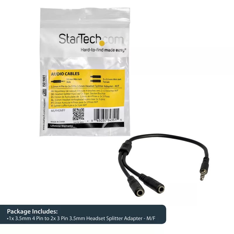 StarTech.com adapteris ausinėms su atskirais ausinių ir mikrofono kištukais – 3,5 mm 4 kontaktų į 2x 3 kontaktų 3,5 mm M/M