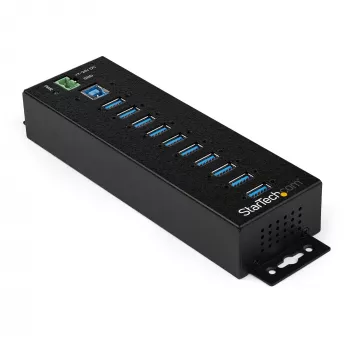 StarTech.com 10 prievadų USB 3.0 šakotuvas su maitinimo adapteriu – metalinis pramoninis USB-A šakotuvas su ESD ir 350W viršįtampio apsauga – tvirtinamas ant DIN bėgio, sienos ar stalo – didelės spartos USB 3.2 Gen 1 (5Gbps) šakotuvas