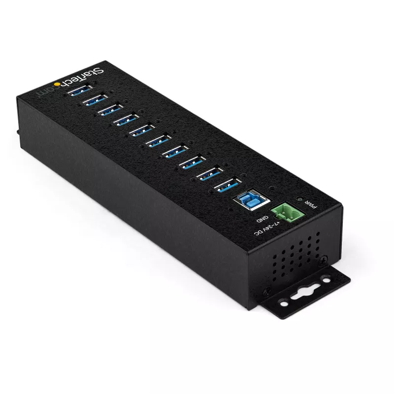 StarTech.com 10 prievadų USB 3.0 šakotuvas su maitinimo adapteriu – metalinis pramoninis USB-A šakotuvas su ESD ir 350W viršįtampio apsauga – tvirtinamas ant DIN bėgio, sienos ar stalo – didelės spartos USB 3.2 Gen 1 (5Gbps) šakotuvas