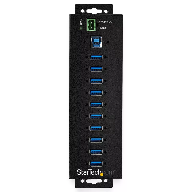 StarTech.com 10 prievadų USB 3.0 šakotuvas su maitinimo adapteriu – metalinis pramoninis USB-A šakotuvas su ESD ir 350W viršįtampio apsauga – tvirtinamas ant DIN bėgio, sienos ar stalo – didelės spartos USB 3.2 Gen 1 (5Gbps) šakotuvas