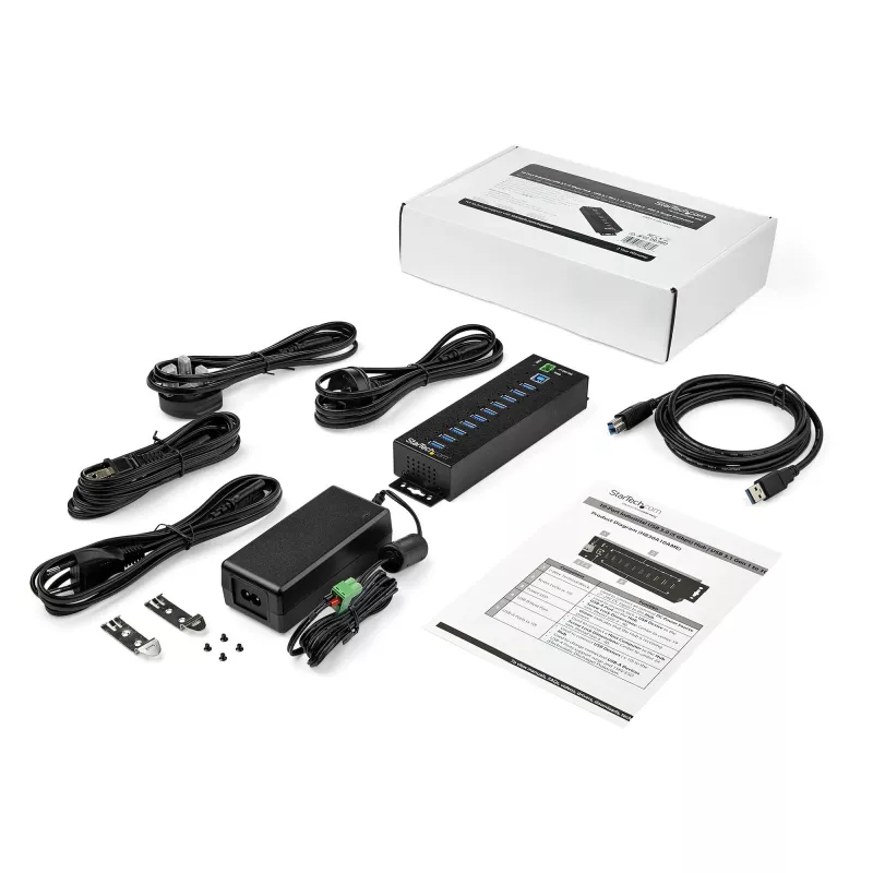 StarTech.com 10 prievadų USB 3.0 šakotuvas su maitinimo adapteriu – metalinis pramoninis USB-A šakotuvas su ESD ir 350W viršįtampio apsauga – tvirtinamas ant DIN bėgio, sienos ar stalo – didelės spartos USB 3.2 Gen 1 (5Gbps) šakotuvas
