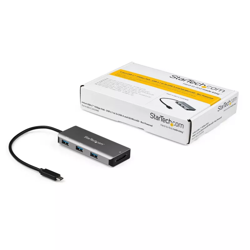 StarTech.com USB-C 3 prievadų 10Gbps šakotuvas su SD kortelių skaitytuvu - 3x USB-A ir 1x SD lizdas - nešiojamas USB 3.2 Gen 2 tipo C adapterio šakotuvas - nešiojamojo kompiuterio šakotuvas - maitinamas iš USB - suderinamas su Thunderbolt 3