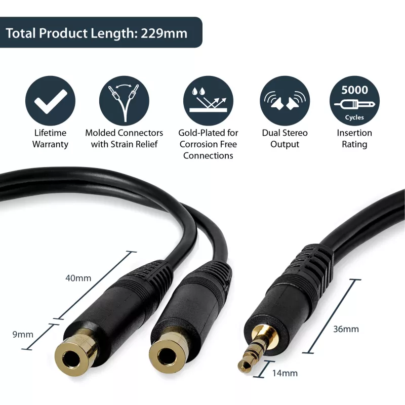 StarTech.com 15 cm stereo skirstytuvas – 3,5 mm kištukas į 2x 3,5 mm lizdus