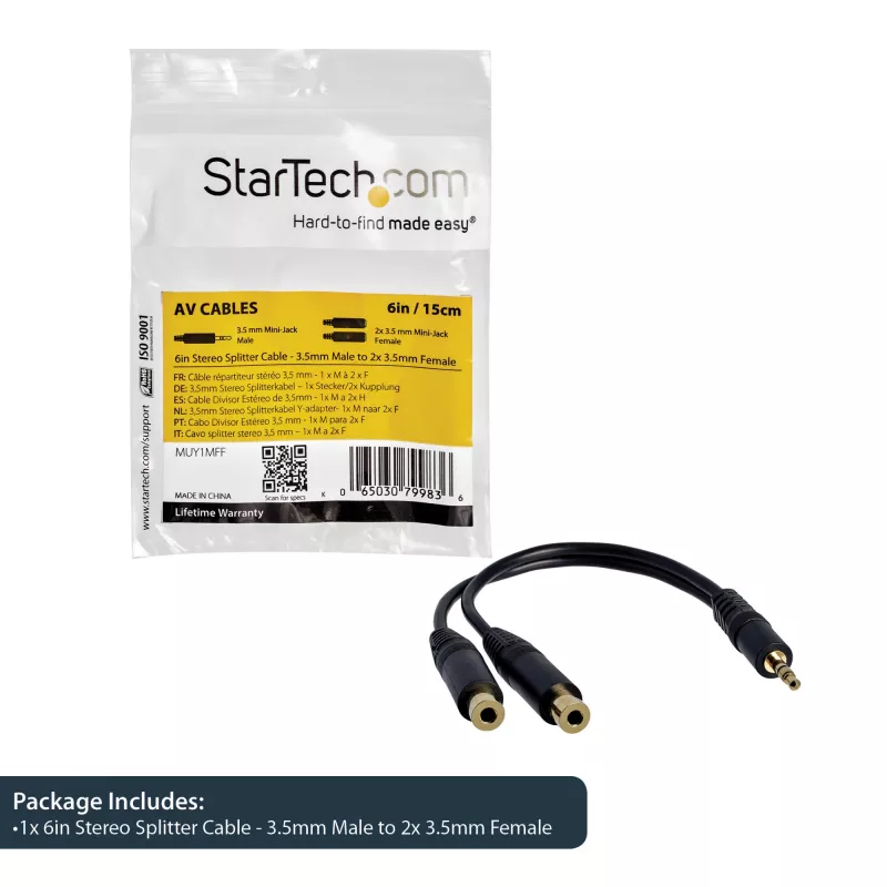 StarTech.com 15 cm stereo skirstytuvas – 3,5 mm kištukas į 2x 3,5 mm lizdus
