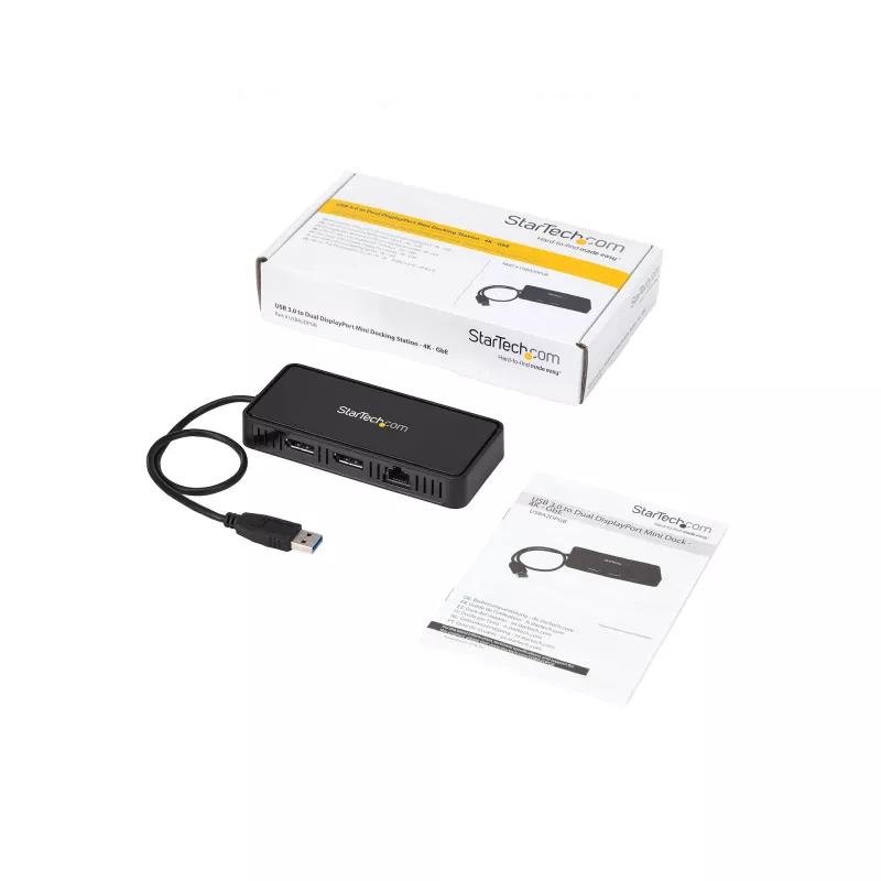 StarTech.com USB 3.0 Mini Dock – nešiojama USB-A stotelė su dviem DisplayPort 4K 60Hz ir Gigabit Ethernet – 30 cm kabelis