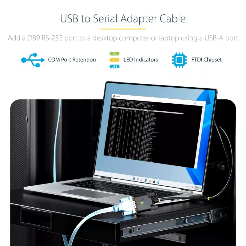 StarTech.com USB į RS232 adapterio laidas, 3 m, USB-A į DB9, FTDI, COM išlaikymas, ESD apsauga