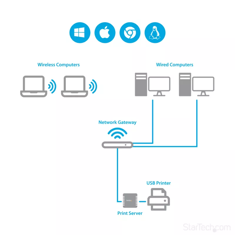 StarTech.com 10/100Mbps Ethernet į USB 2.0 tinklo LPR spausdintuvo serveris