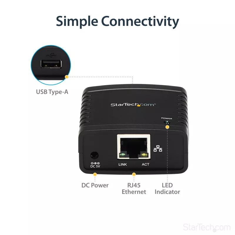 StarTech.com 10/100Mbps Ethernet į USB 2.0 tinklo LPR spausdintuvo serveris