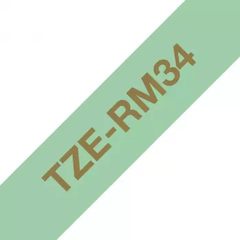Brother TZE-RM34 juostelė etiketėms – auksinis tekstas ant mėtų žalio fono