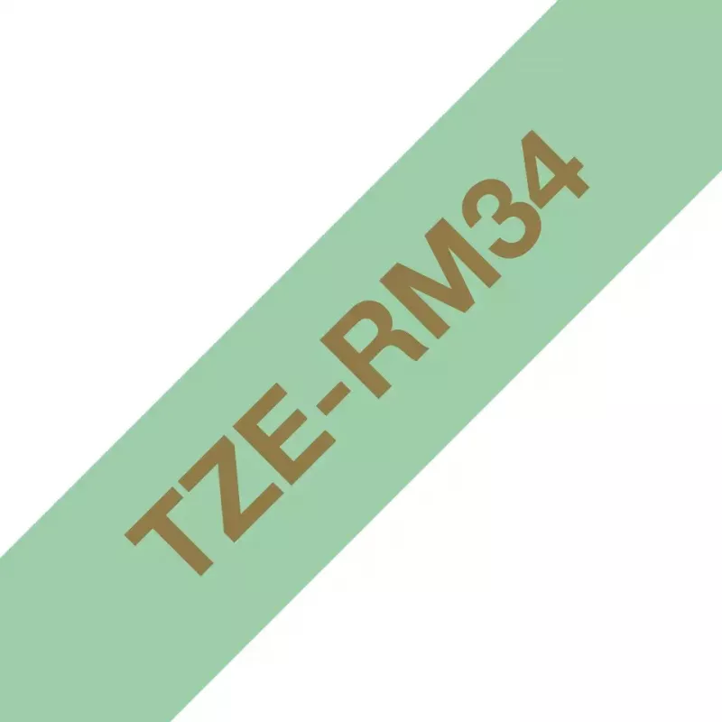 Brother TZE-RM34 juostelė etiketėms – auksinis tekstas ant mėtų žalio fono
