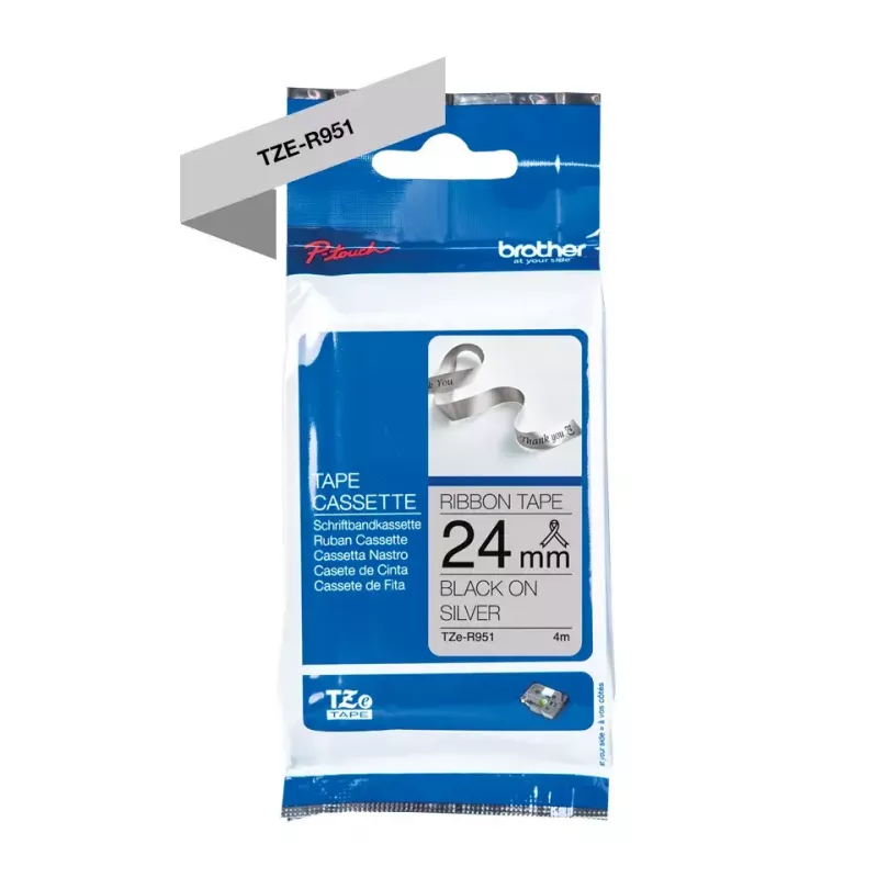 Brother TZE-R951 juostelė etiketėms spausdinti, juoda ant sidabrinės, 24 mm x 4 m