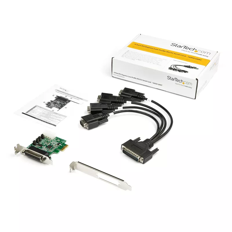 StarTech.com 4 prievadų PCI Express RS232 serijinis adapteris - PCIe RS232 serijinis valdiklis - PCIe į serijinį DB9 - 16950 UART - žemo profilio plėtimosi kortelė - Windows/Linux - TAA